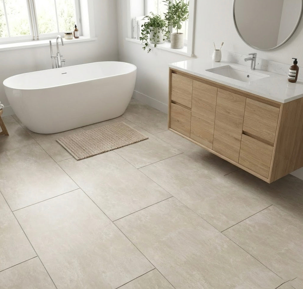 Suelo vinílico SPC clic Sibai BL000 — efecto baldosa piedra blanca (1,49 m²/caja)