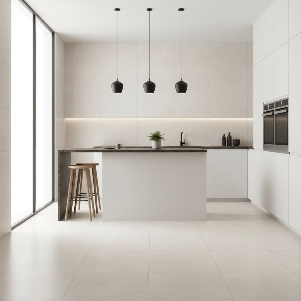 Azulejo Materia White 59 × 120 cm — porcelánico cemento mate rectificado (suelo/pared)