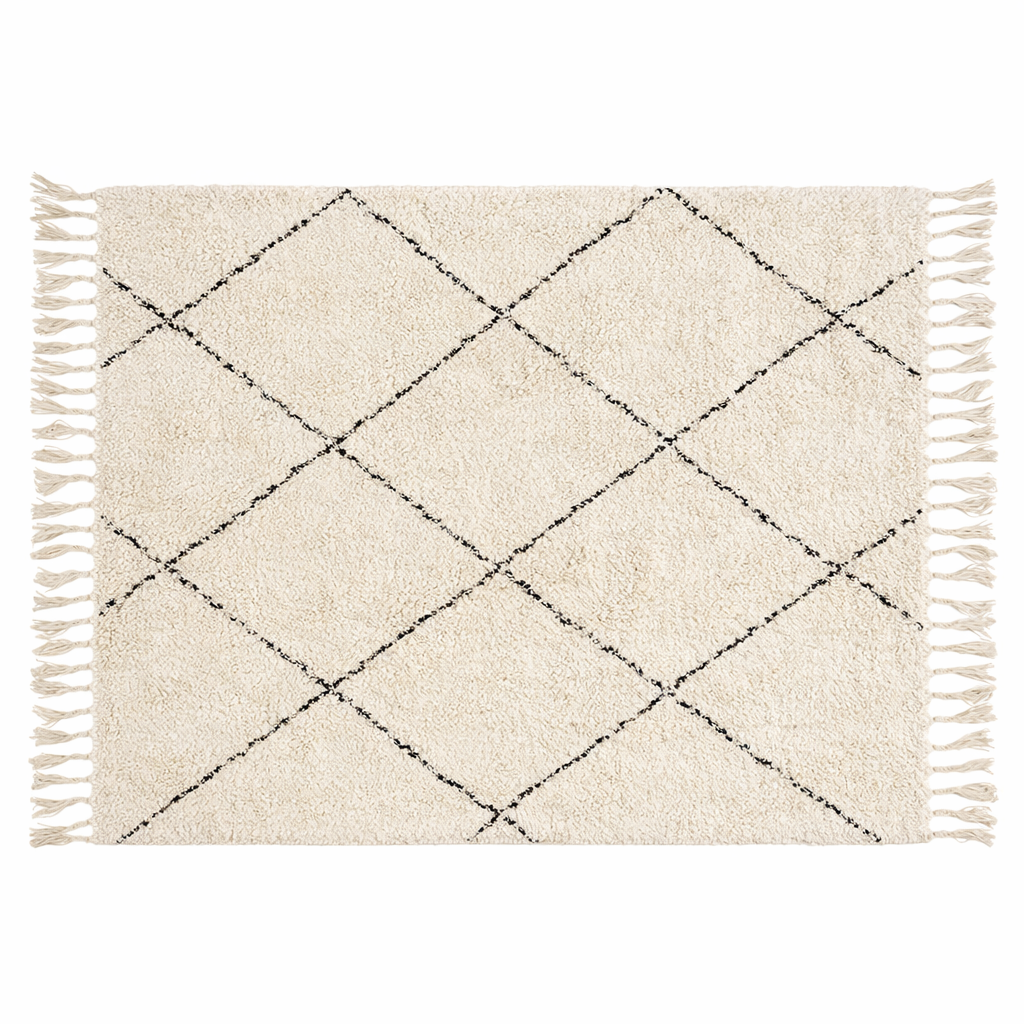 Alfombra algodón rombos crema y negro — 160 × 230 cm (estilo nórdico/boho)