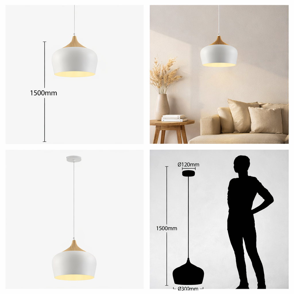 Lámpara colgante Lindby Vilsera — metal blanco y madera Ø30 cm (E27, nórdica)