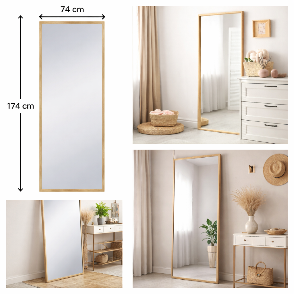 Espejo Nordic madera natural mate — 74 × 174 cm (pared/suelo)