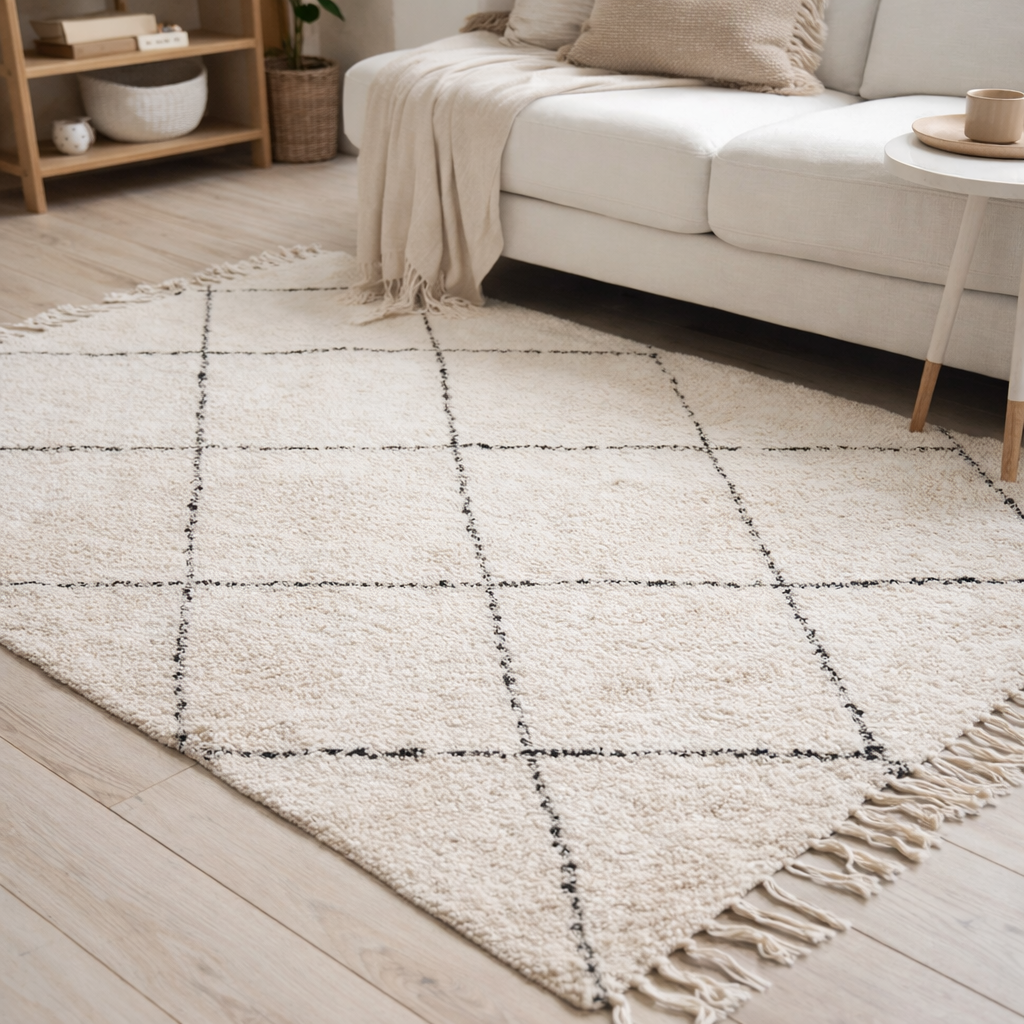 Alfombra algodón rombos crema y negro — 120 × 180 cm (estilo nórdico/boho)