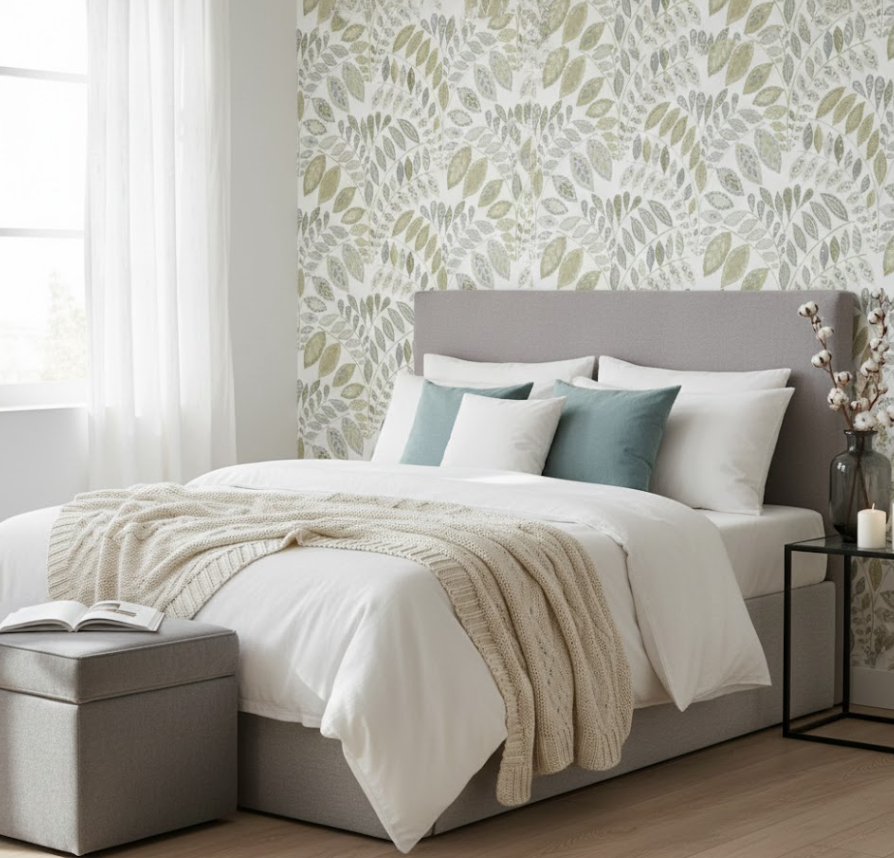 Papel pintado Sandy Springs 679437 — vinílico ecológico hojas beige/gris 10,05 × 0,52 m (GAULAN)