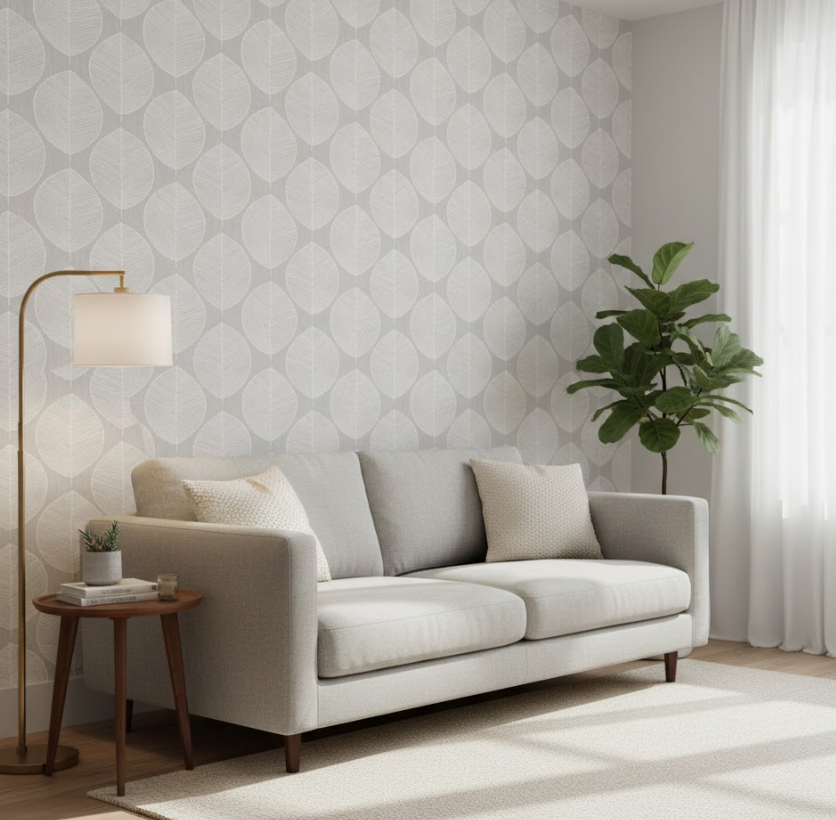 Papel pintado Scandi Leaf gris — 10,05 × 0,53 m (Arthouse)