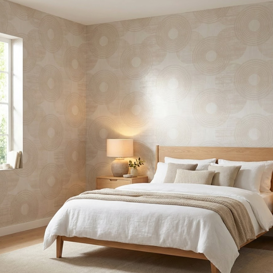 Papel pintado geométrico beige — vinílico 10,05 × 0,53 m (base no tejida)