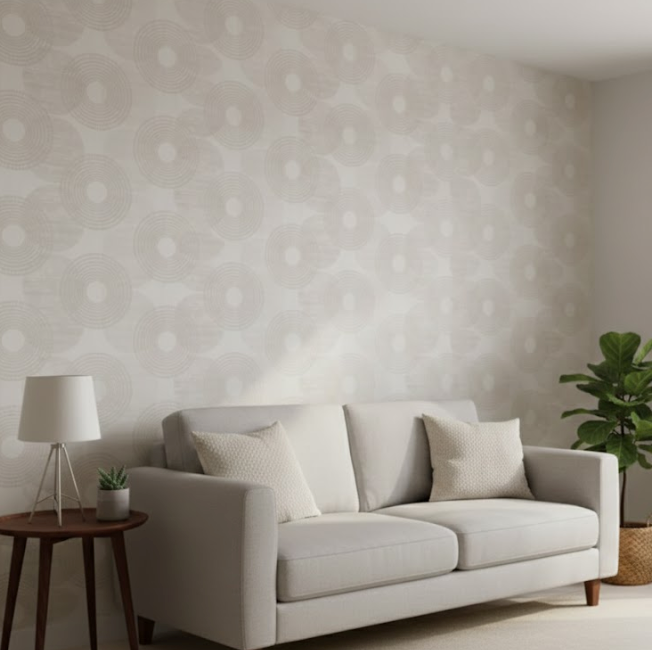 Papel pintado geométrico beige — vinílico 10,05 × 0,53 m (base no tejida)