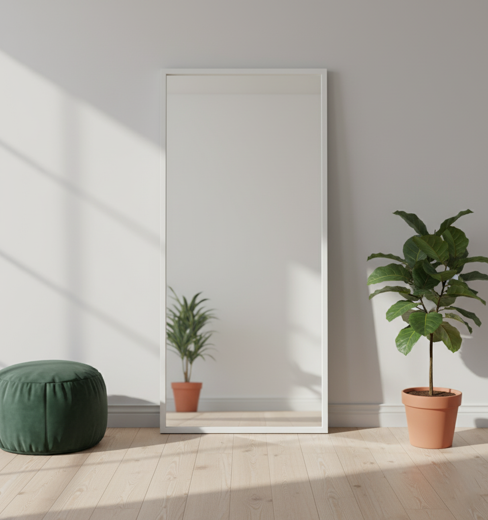 Espejo enmarcado con pie Nordic — Madera blanco mate 74×174 cm