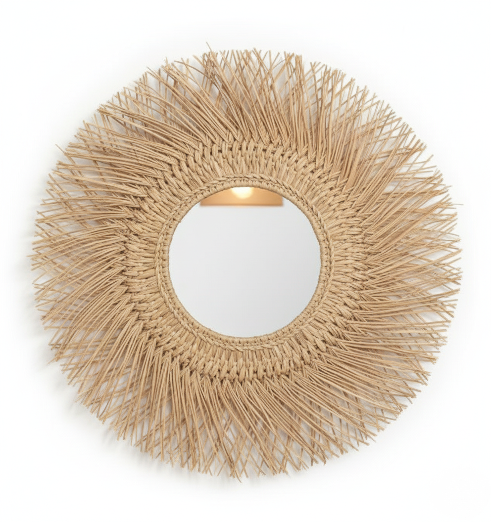 Espejo redondo Eloa — Mimbre beige mate Ø60 cm (apto para baño)