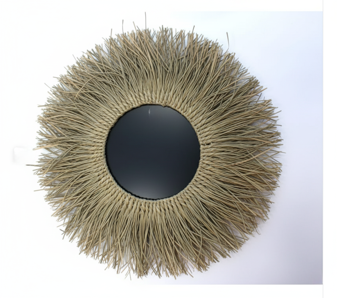 Espejo redondo Eloa — Mimbre beige mate Ø60 cm (apto para baño)