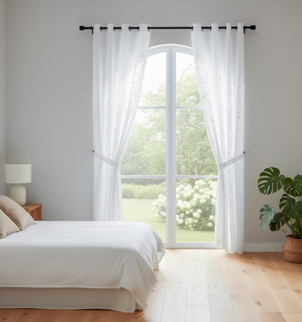 Cortina “Lazi” abstracta blanca — 140 × 240 cm (poliéster)