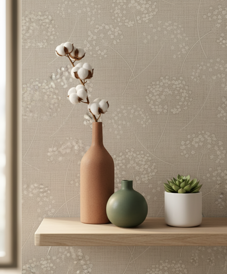 Papel pintado vinílico Liss Dandelion beige — 52 cm × 10,05 m