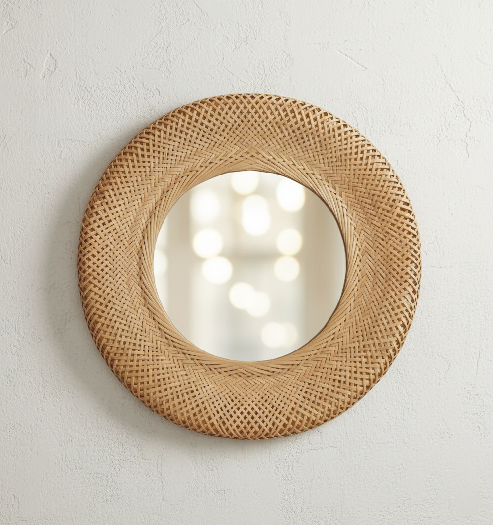 Espejo redondo Maia — Bambú beige mate Ø55 cm (apto para baño)