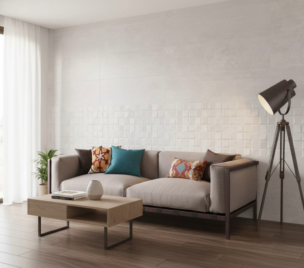 Azulejo New Manchester efecto cemento blanco 30 × 90 cm — pasta blanca rectificado (pared)