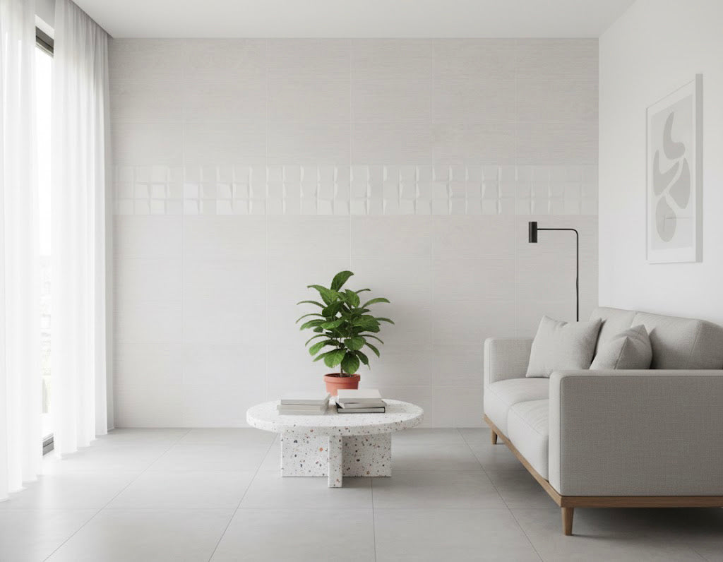 Azulejo New Manchester efecto cemento blanco 30 × 90 cm — pasta blanca rectificado (pared)