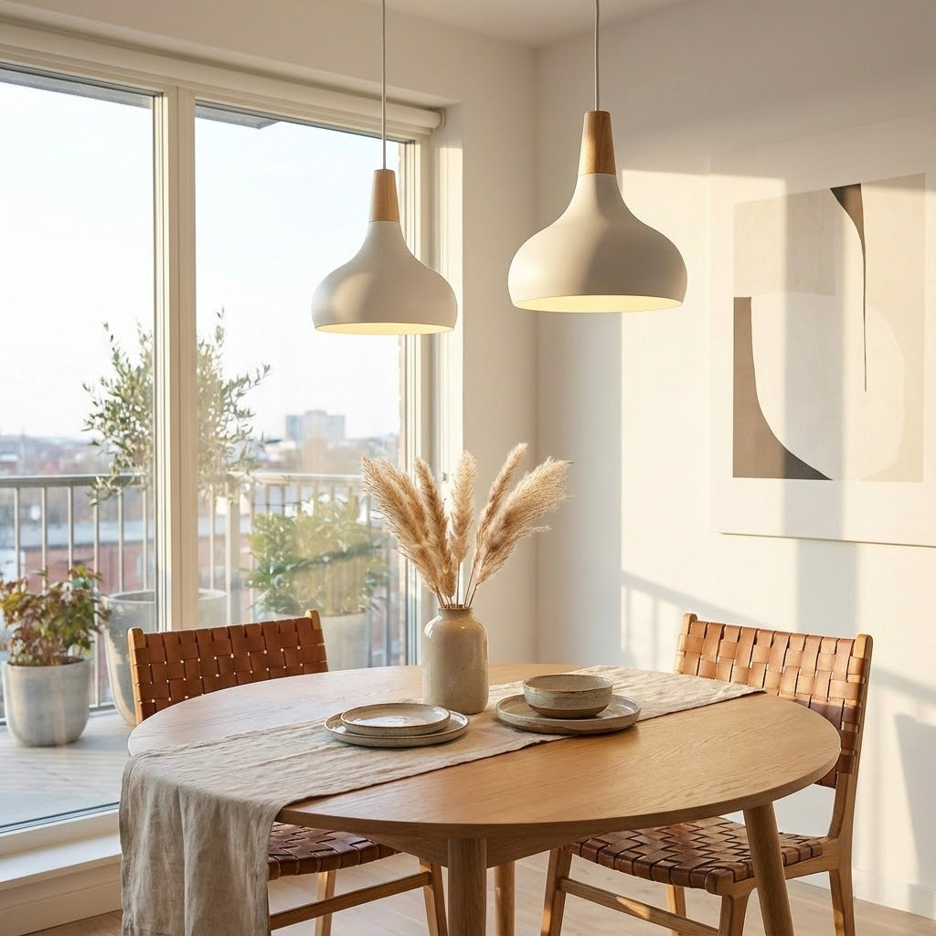 Lámpara colgante Lindby Vilsera — metal blanco y madera Ø30 cm (E27, nórdica)