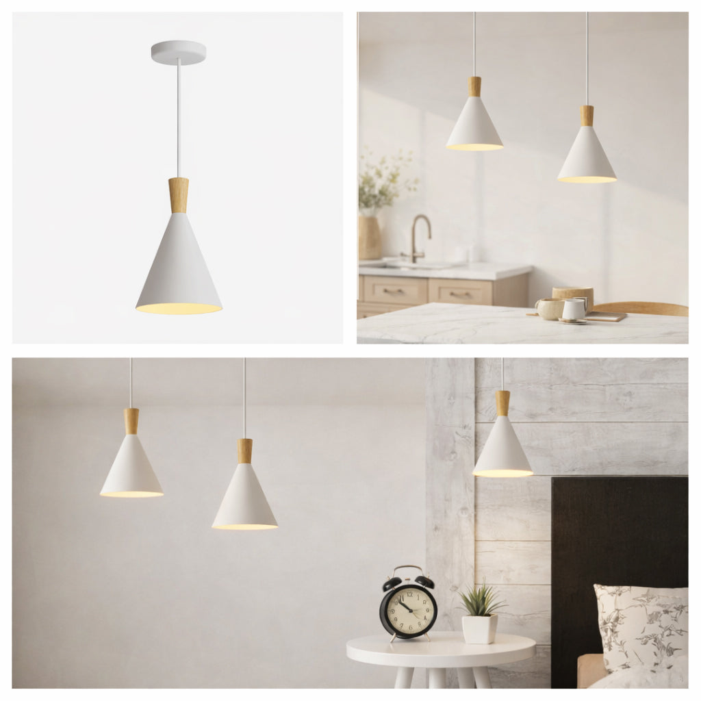 Lámpara colgante EXAN metal y madera — Ø16 cm (E27, estilo nórdico)