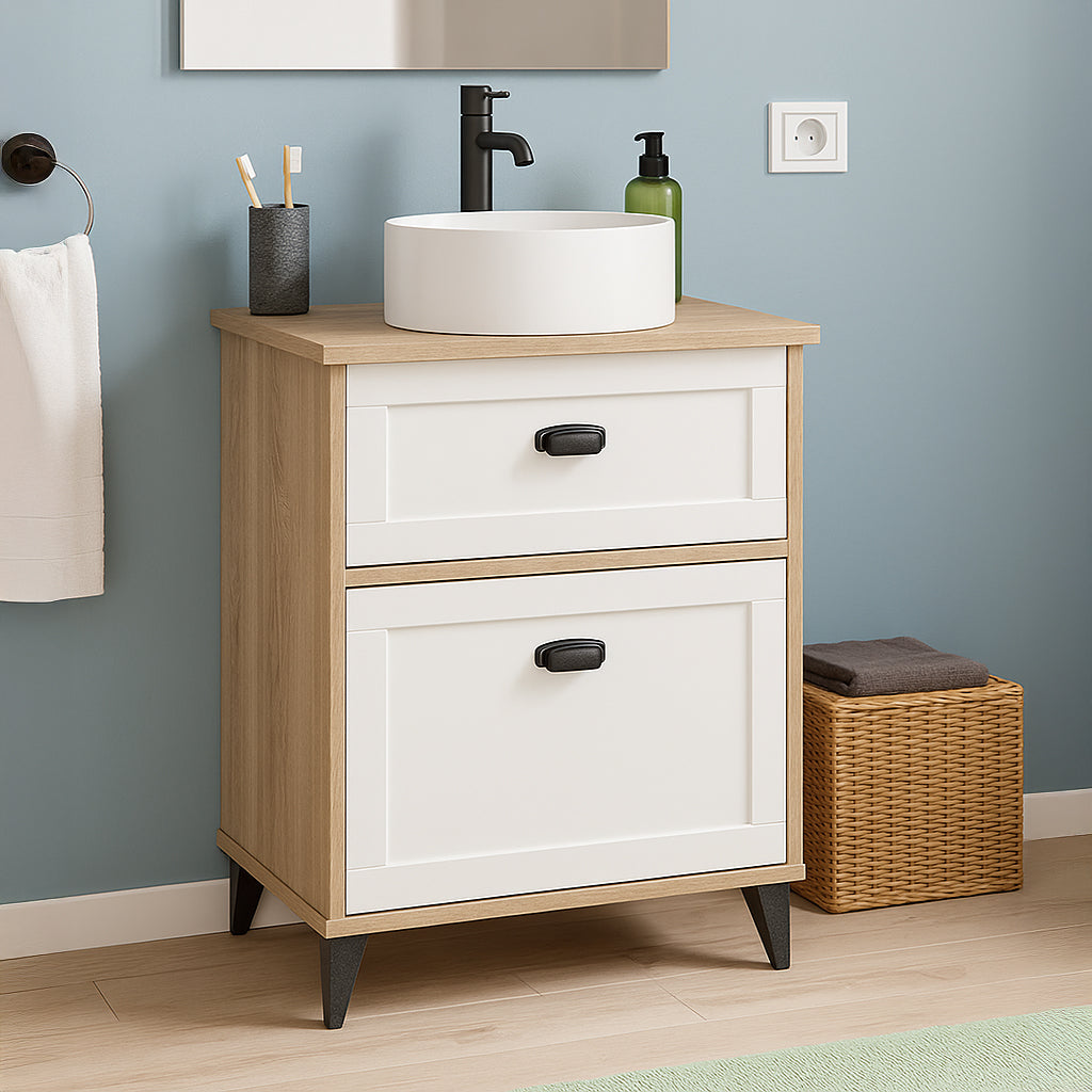 Mueble de Baño Toscana 60 cm — Blanco & Roble Cambrian — 2 Cajones (Lavabo cerámico)