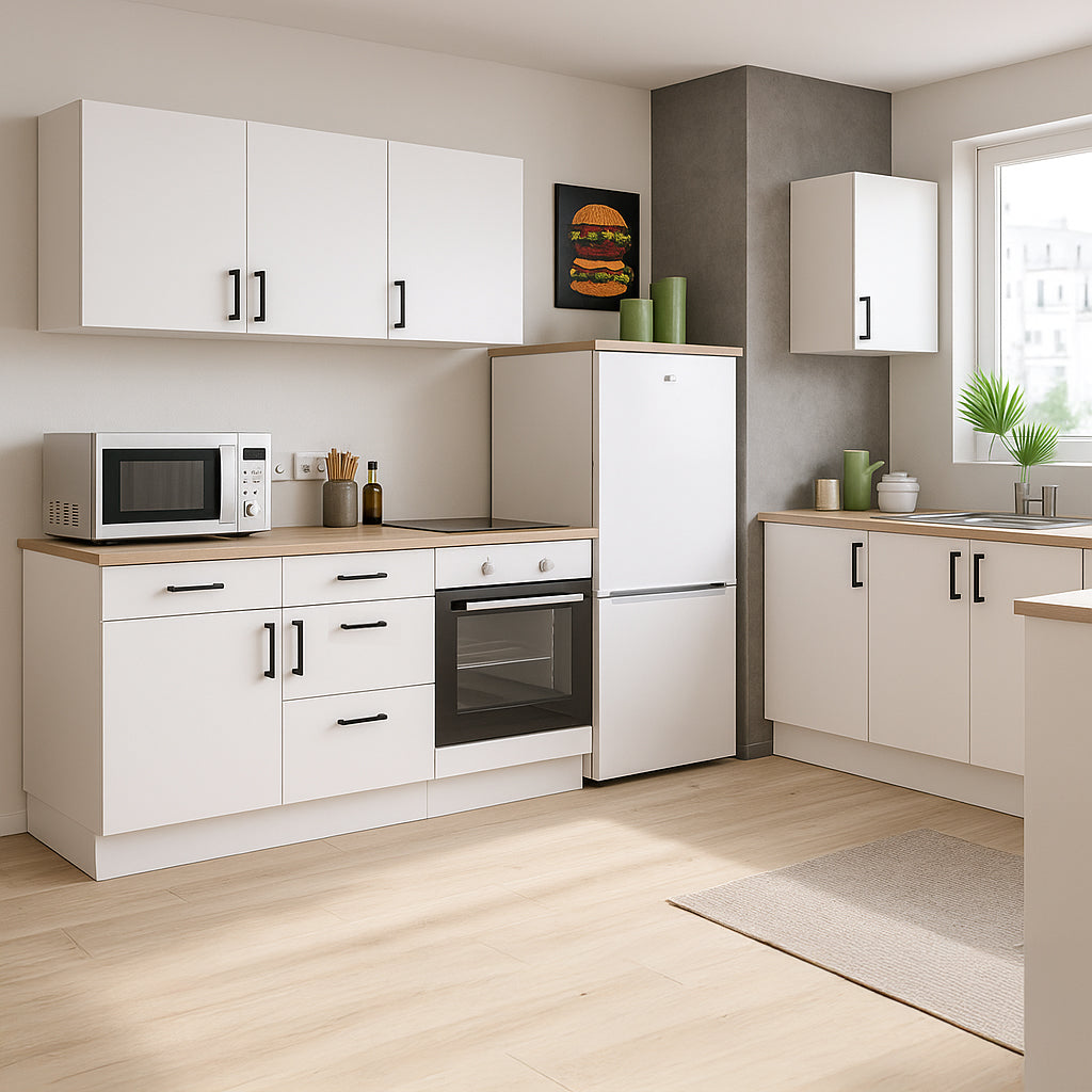 Cocina Kira — Pack 10 Módulos · Estilo Nórdico · Blanco Brillo y Roble Canadian