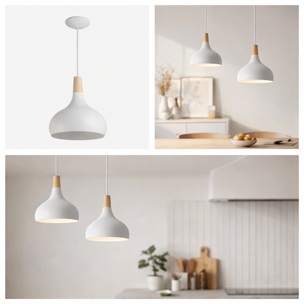 Lámpara colgante metal blanco y madera — Ø26 cm (E27, estilo nórdico)