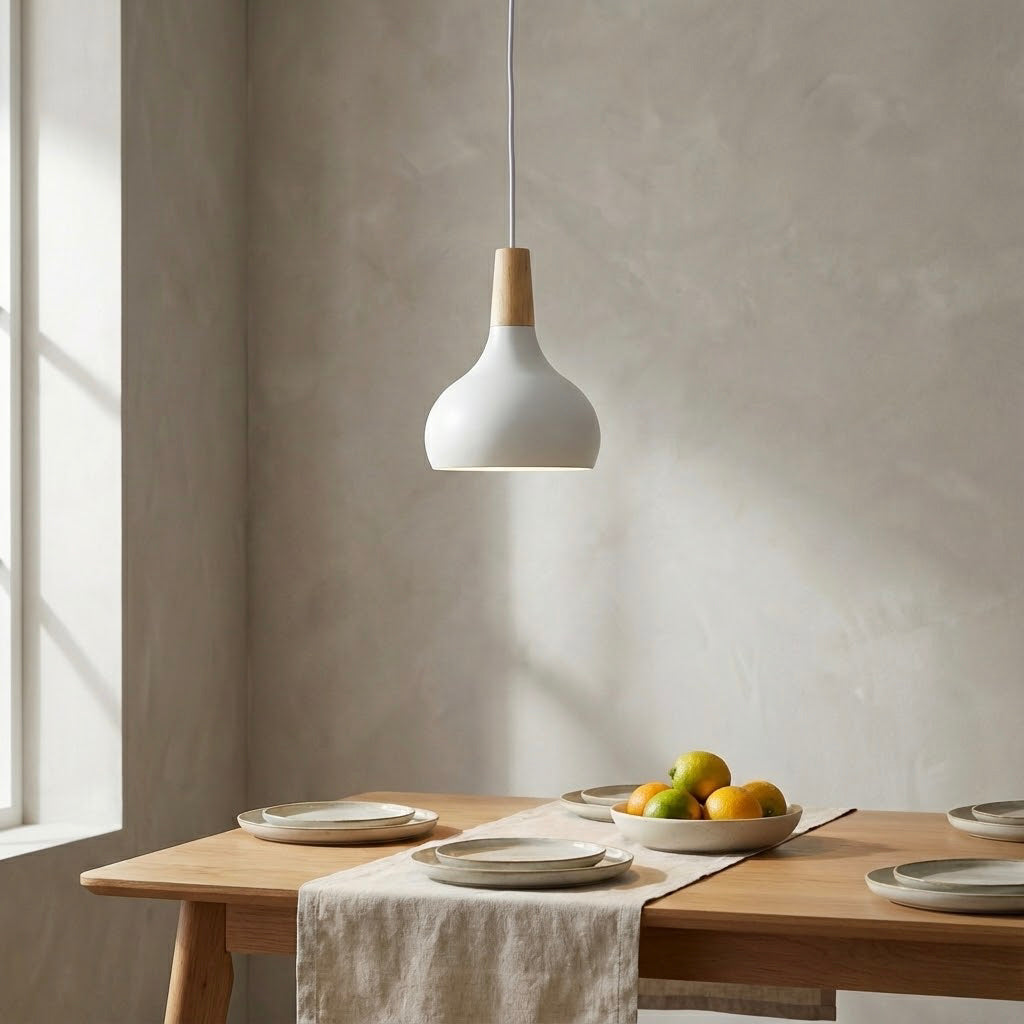 Lámpara colgante metal blanco y madera — Ø26 cm (E27, estilo nórdico)
