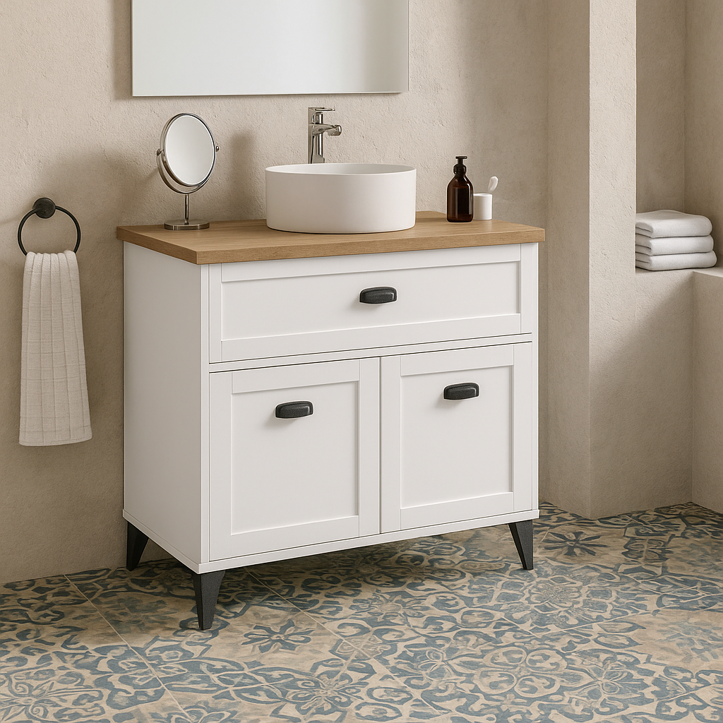 Mueble de Baño Siena — Blanco Soft & Roble Cambrian — 1 Cajón + 2 Puertas (Lavabo cerámico)