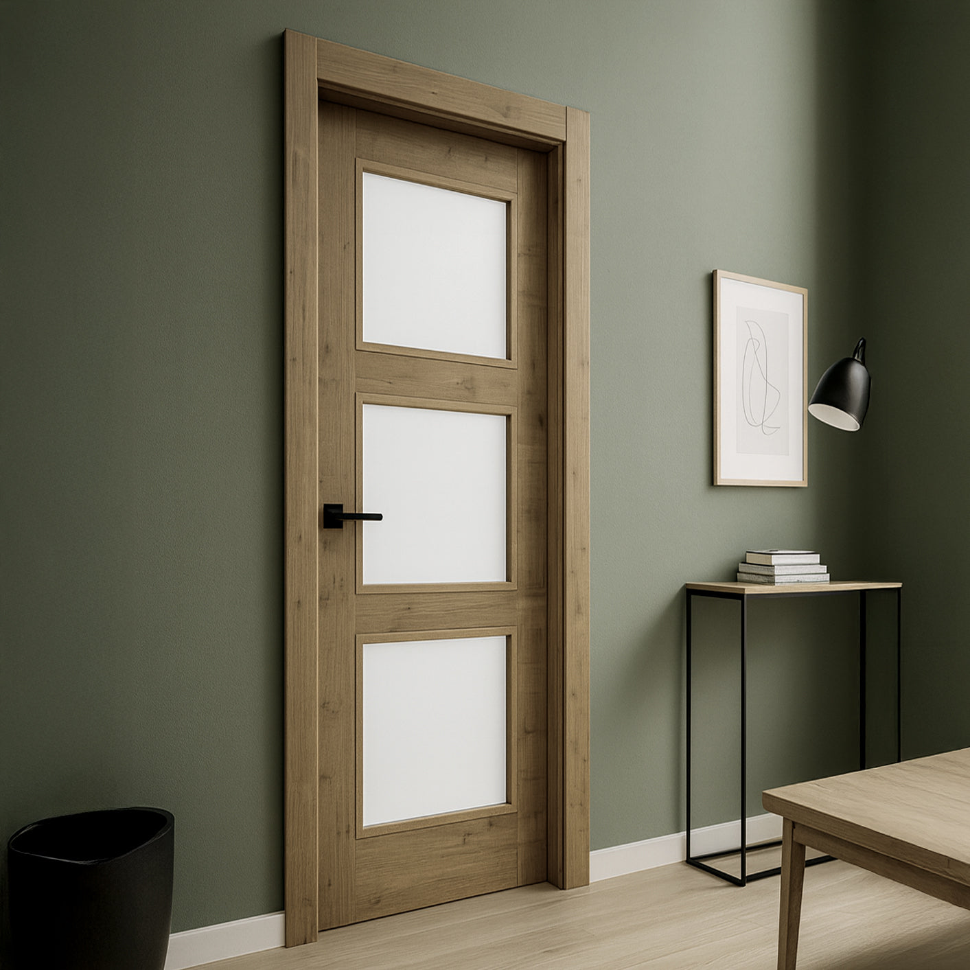 Conjunto Puerta Decosweet® Oslo Gold Roble Plus con Cristal — Derecha 82,5 cm con Tapetas (Maciza)