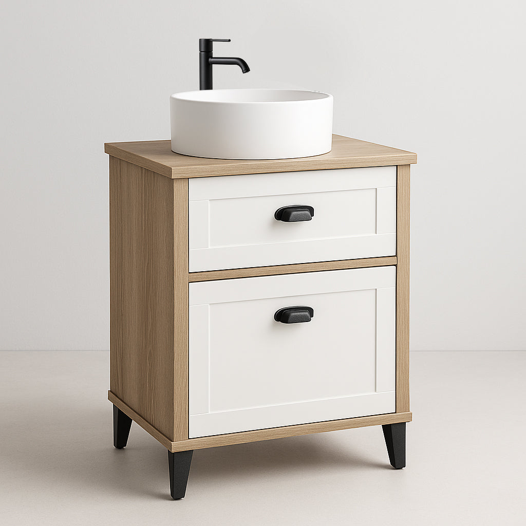 Mueble de Baño Toscana 60 cm — Blanco & Roble Cambrian — 2 Cajones (Lavabo cerámico)