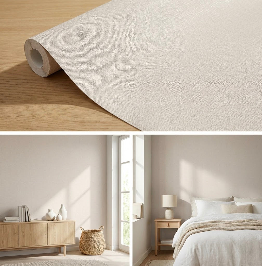 Papel pintado efecto lino beige — vinílico 10,05 × 0,53 m (no tejido)