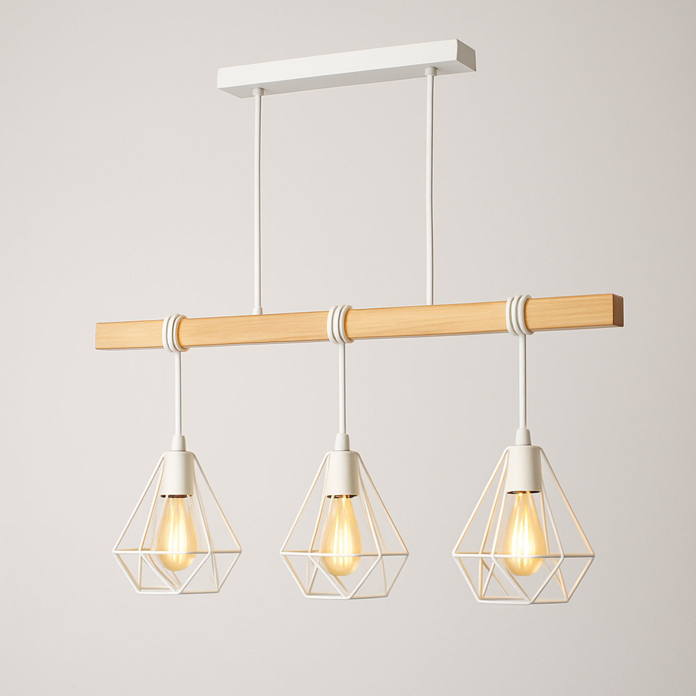 Lámpara Colgante Decosweet® Nórdica 3 Luces — Madera & Metal Blanco