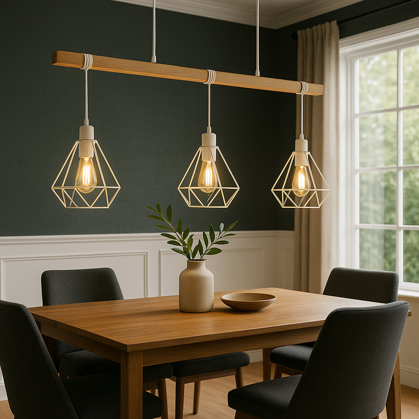 Lámpara Colgante Decosweet® Nórdica 3 Luces — Madera & Metal Blanco