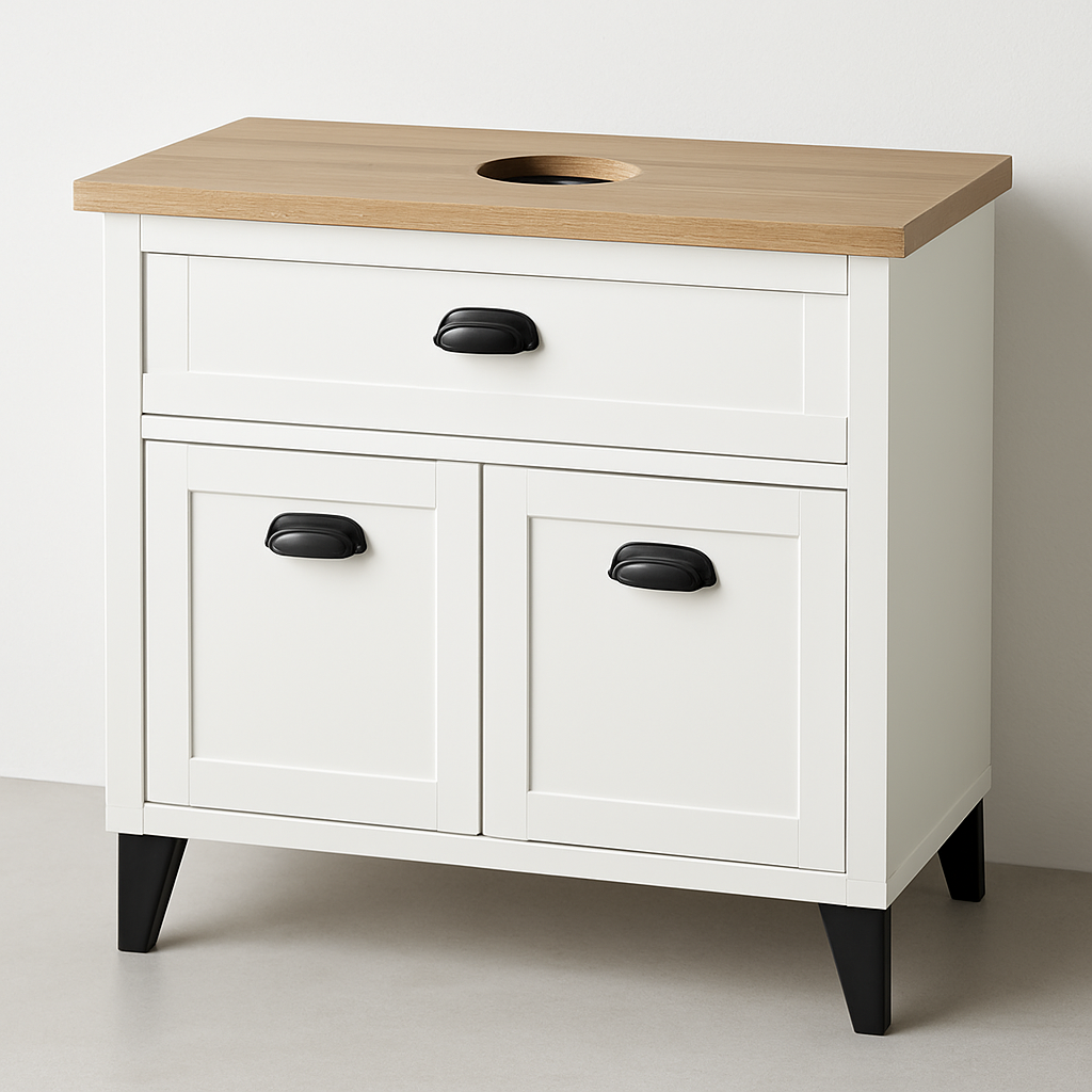 Mueble de Baño Siena — Blanco Soft & Roble Cambrian — 1 Cajón + 2 Puertas (Lavabo cerámico)