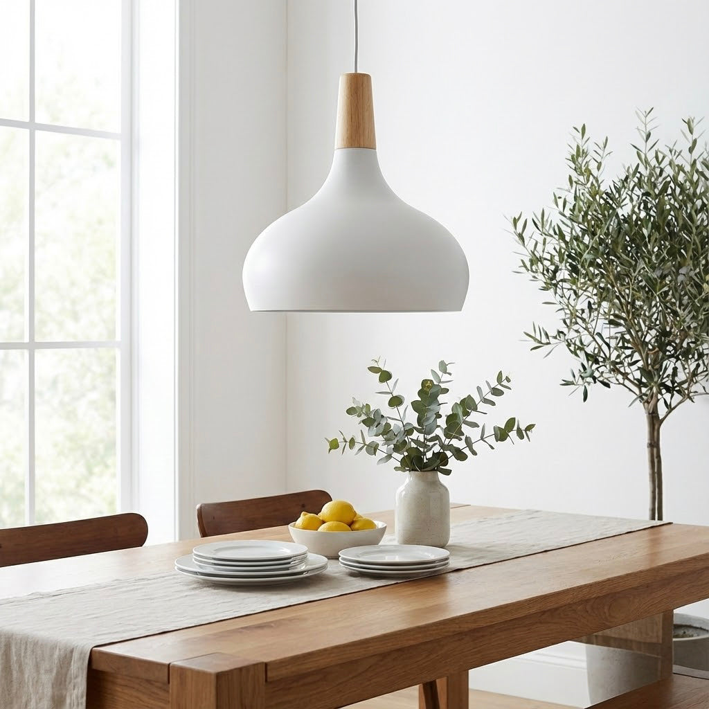 Lámpara colgante Lindby Vilsera — metal blanco y madera Ø30 cm (E27, nórdica)